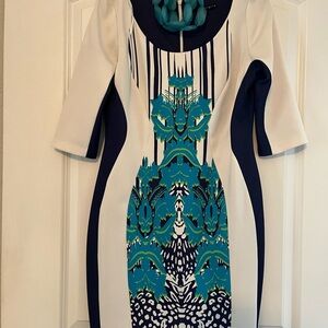 Signature by Sangria White Sheath Dress with Teal & Navy Print